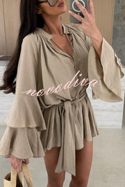 Molly Linen Blend Tiered Bell Sleeve Tie-up Cover-up Mini Dress