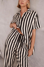 Erika Striped Casual Shirt and Elastic Waist Pocket Wide Leg Pants Set