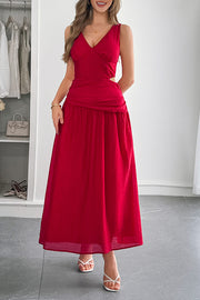Solid Color V-neck Sleeveless Waist Hollow Out Maxi Dress
