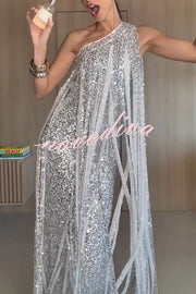 Holiday Muse Sequined Slit Tassels One Shoulder H-line Maxi Dress