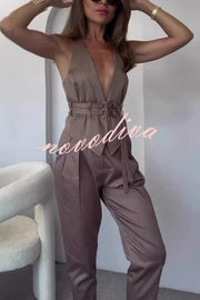 Sexy Backless Belted Waistcoat and Casual Pocket Pants Set