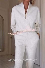 Ivory Marl Fleck Half-Zip Neck Long Sleeve Sweatshirt and Elastic Waist Pocket Jogger Set