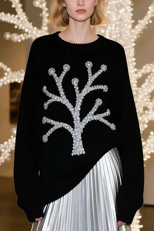 Silver Christmas Tree Loose Long-Sleeved Knit Sweater