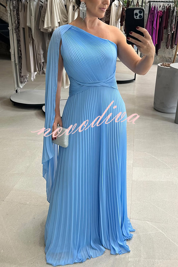 Kate Pleated One Shoulder Drape Sleeve Twist Waist Maxi Dress