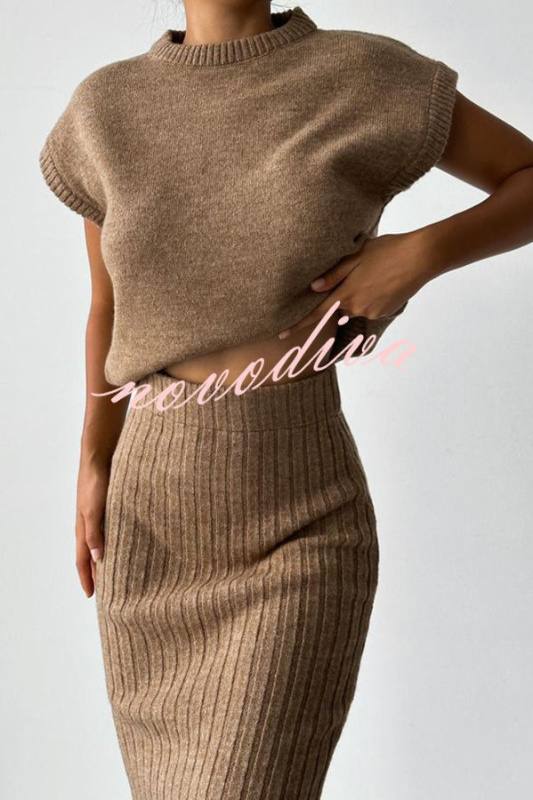 Triko Knit Short Sleeve Sweater and Stretch Ribbed Midi Skirt Set