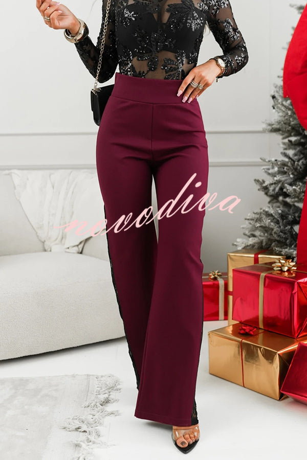Joelie High Rise Elastic Waistband Side Lace Patchwork Flare Pants
