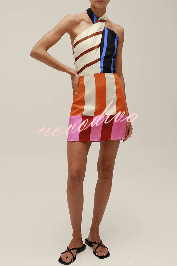 Jeniah Linen Blend Color Block Print Cross Halter Tie-up Loose Mini Dress