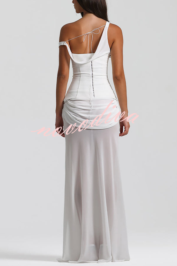Sculptural Elegance One Shoulder Removable Corset Drape Maxi Dress