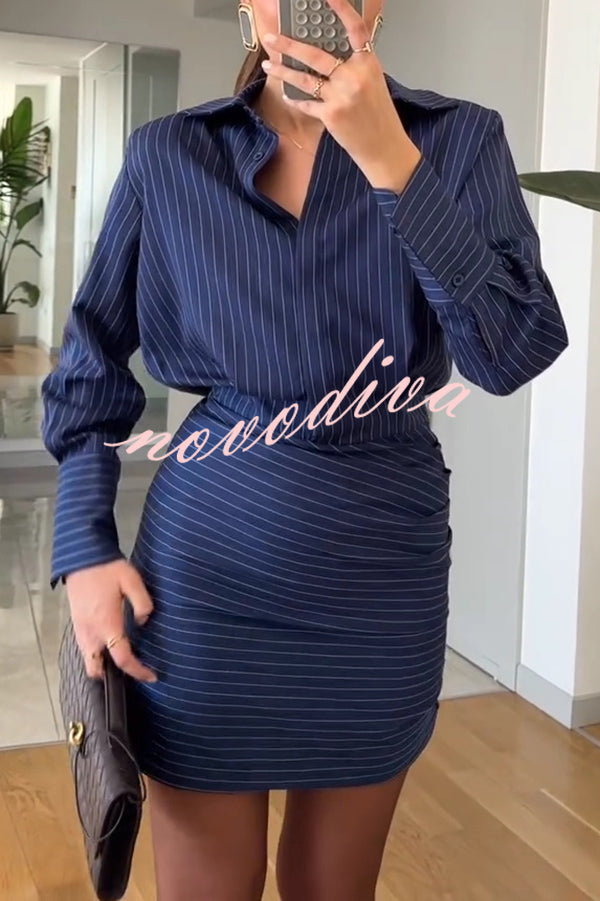 Simple and Sexy Stripe Print Long Sleeve Ruched Hem Shirt Mini Dress