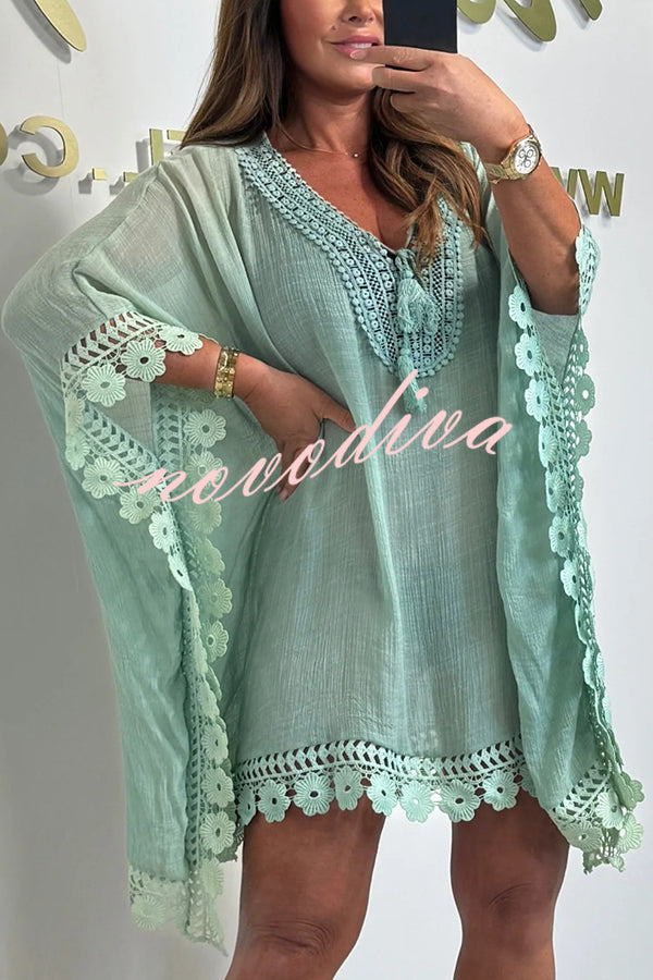 Solid Color Casual Lace Loose Cover Up Mini Dress