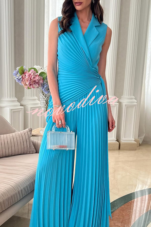 Solid Color Lapel Sleeveless Waist Tie Pleated Wide-leg Jumpsuit