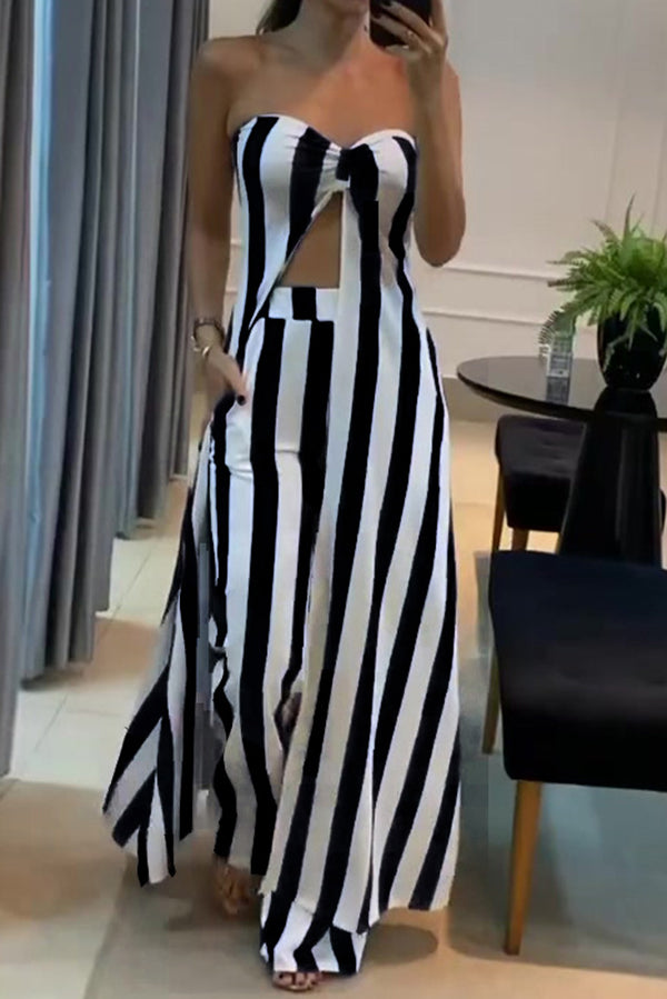 Striped Print Off-Shoulder Long Casual Top and Loose Pocket Straight Pants Set