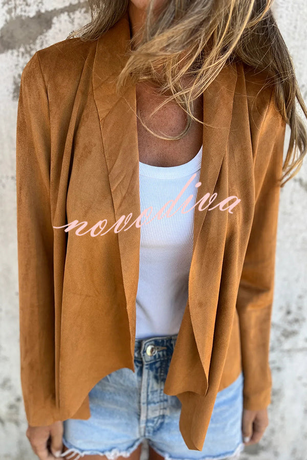 Solid Color Suede Lapel Long Sleeve Loose Coat