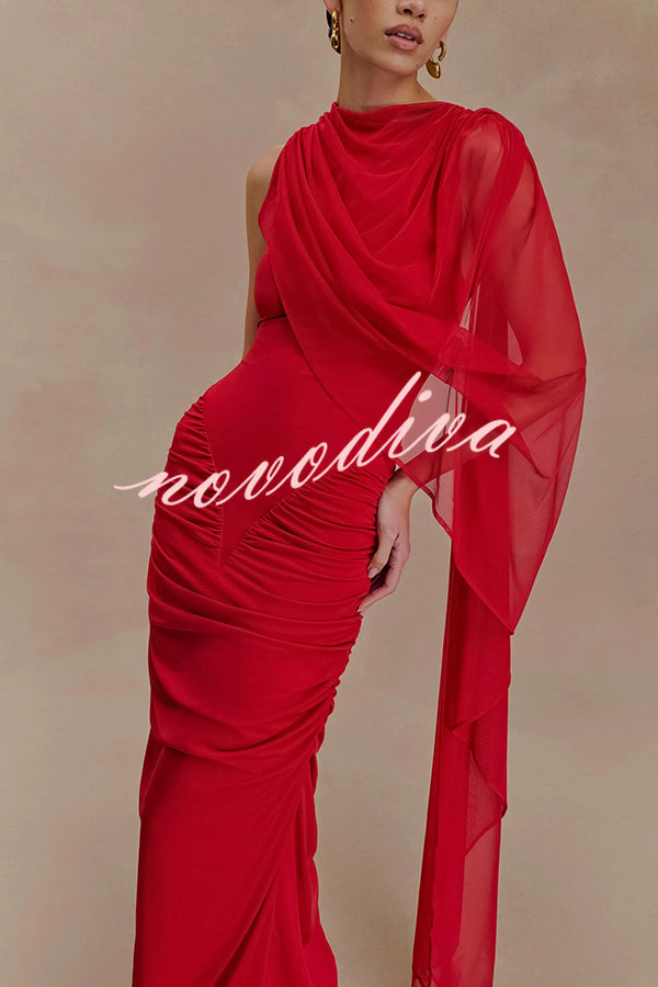Fashionable Mesh Shawl Sleeveless Slim Fit Pleated Maxi Dress