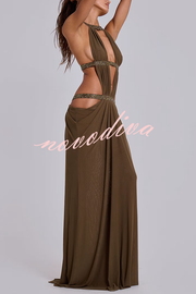 Khaki Hot-fix Rhinestone Shoulder Strap Cutout Design Backless Drape Maxi Dress