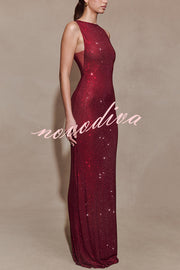 Holiday Nights Sequin Boat Neck Sleeveless Slit Maxi Dress