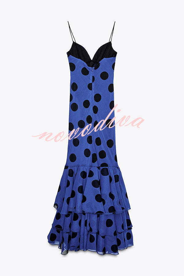 Eliora Mesh Polka Dot Print Gathered Bust Layered Fishtail Hem Maxi Dress
