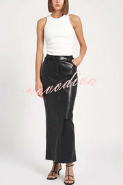 Classic Feel Faux Leather Mid Rise Pocket Slit Stretch Maix Skirt