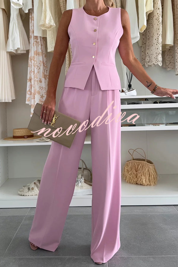 Workplace Chic Sleeveless Button Vest and Relaxed Pocket Wide Leg Pants Set