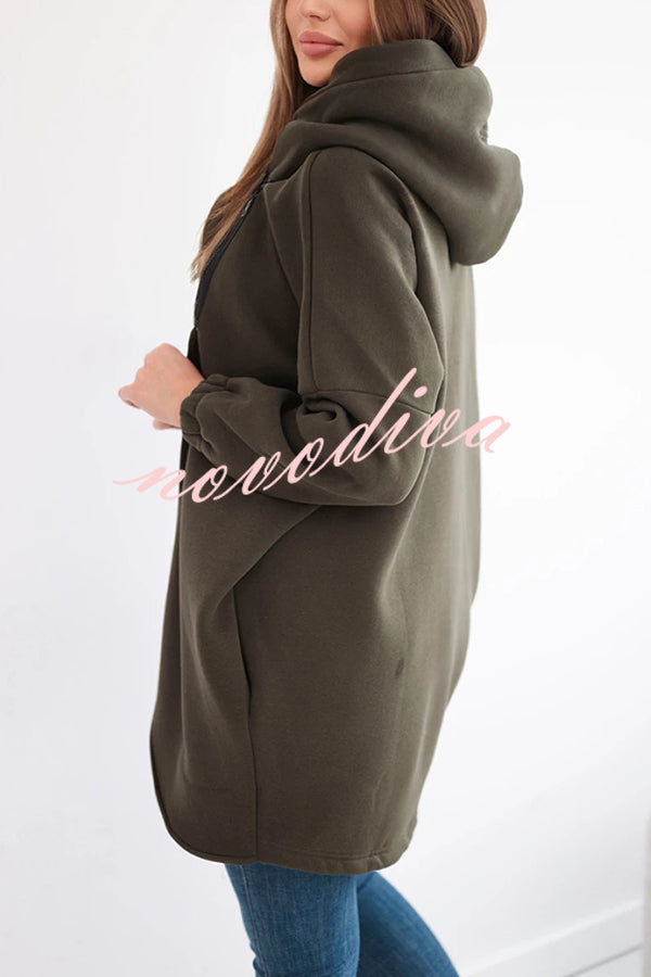 Solid Color Loose Hooded Zip-up Casual Sports Jacket