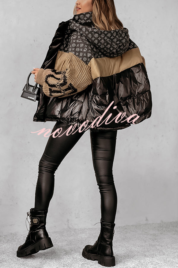 Stylish Denim Knit Long-sleeved Patchwork Hooded Pocket Thickened Jacket