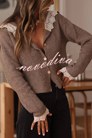 Fashionable Lace-trimmed Sailor Collar Casual Knit Cardigan