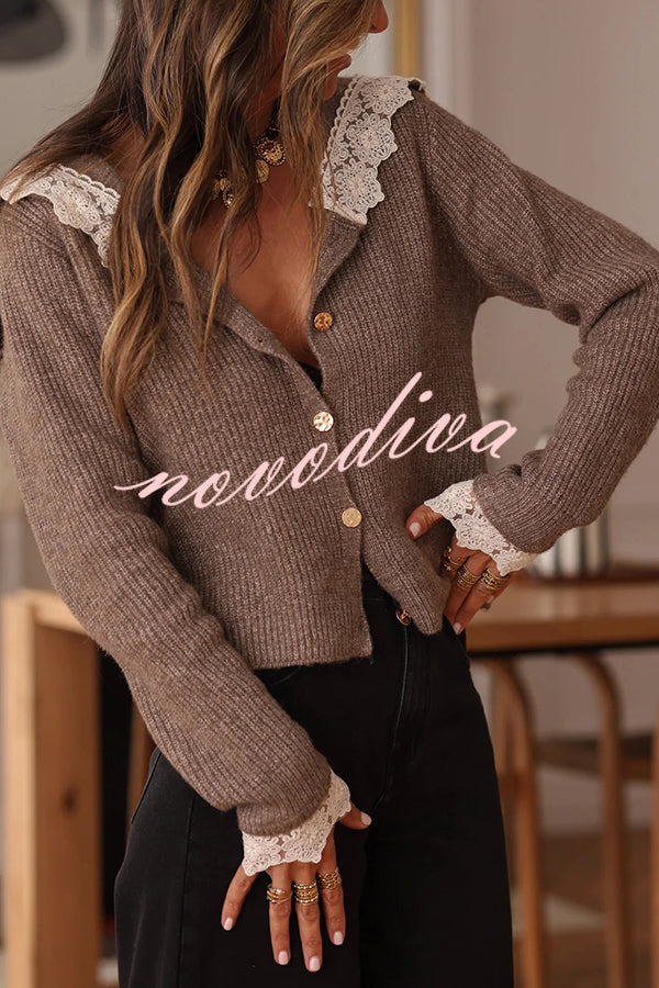 Fashionable Lace-trimmed Sailor Collar Casual Knit Cardigan