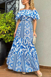 Irene Bohemian Print Off The Shoulder Belted Ruffle Maxi Dress