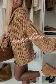 Warm Day Knit Button Up Long Balloon Sleeve Hooded Loose Cardigan