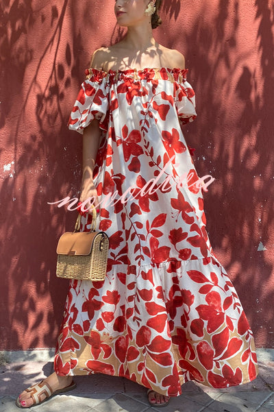 Floral Print Off-The-Shoulder Puff Sleeve Loose Holiday Maxi Dress
