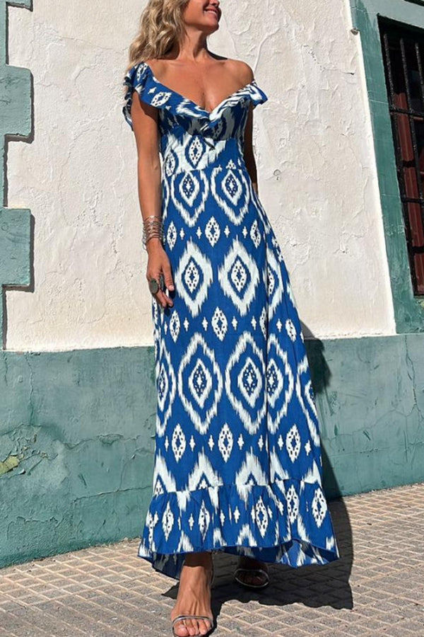 Coastal Canvas Ethnic Print Smocked Bust Ruffle Neck Maxi Dress