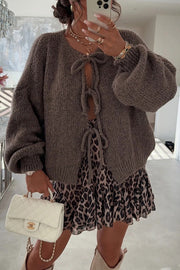 Solid Color Long-sleeved V-neck Lace-up Loose Knitted Sweater