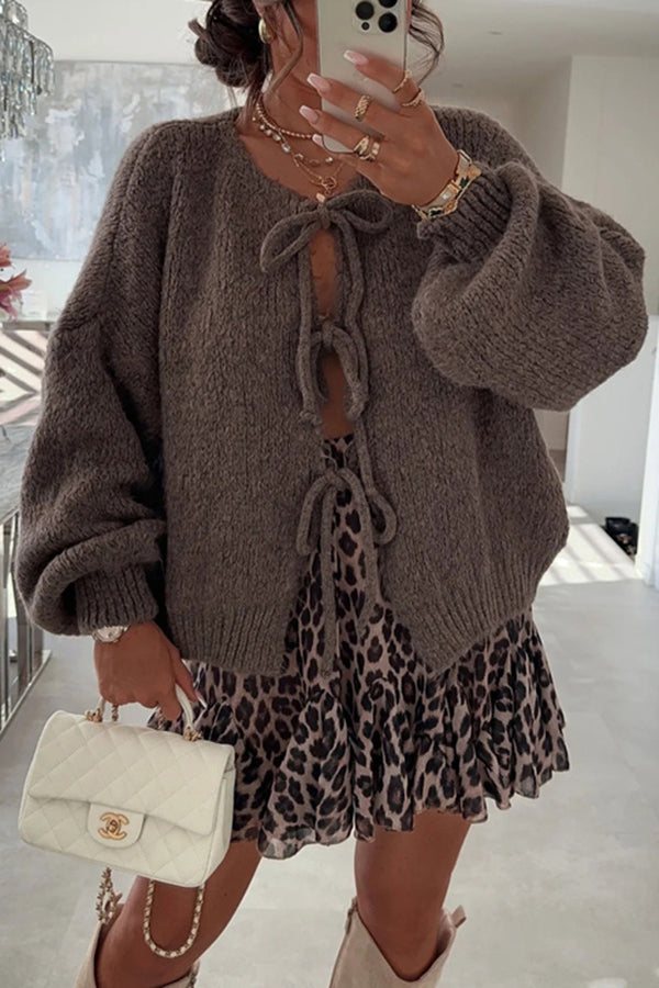 Solid Color Long-sleeved V-neck Lace-up Loose Knitted Sweater