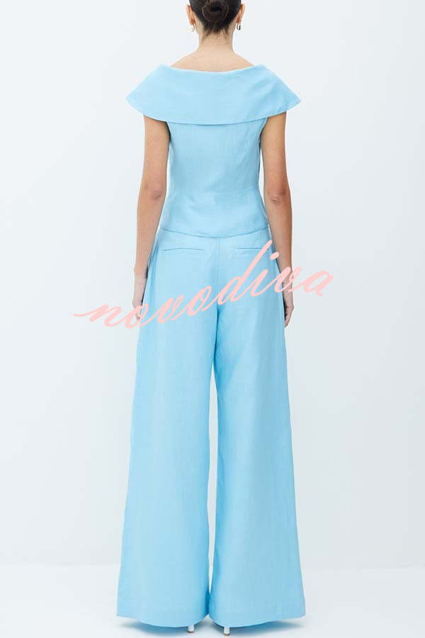 Velena Linen Blend Button Up Lapel Top and High Rise Pocket Wide Leg Pants Set