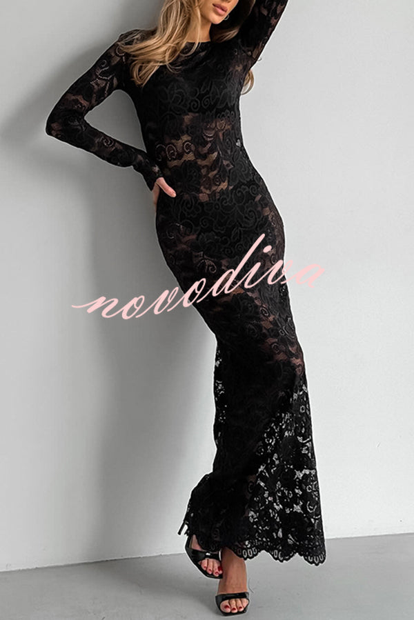 Sexy Openwork Lace Long-sleeved Slim-fit Fishtail Maxi Dress
