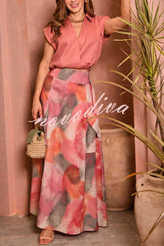 Laylin Wide Sleeve Shirt and Watercolor Print High Waist Drape Pocket Maxi Skirt Set