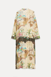 Cayla Linen Blend Unique Print Button Long Sleeve Shirt Midi Dress