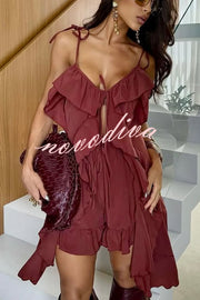 Beauty of Flow Ruffles Tie-up Slit Midi Top and Elastic Waist Shorts Set