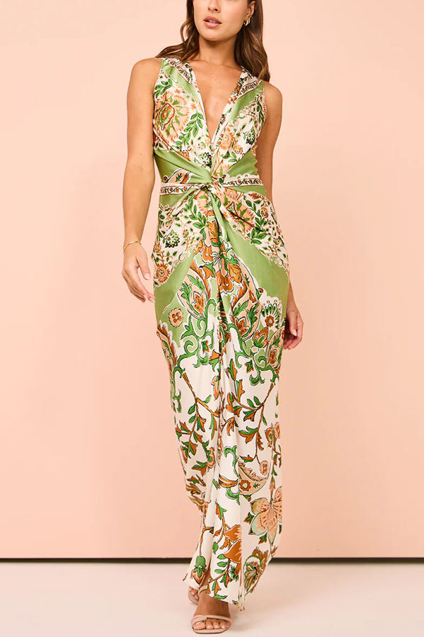 Gaia Satin Unique Paisley Print Central Twist Knot Detail Slit Maxi Dress