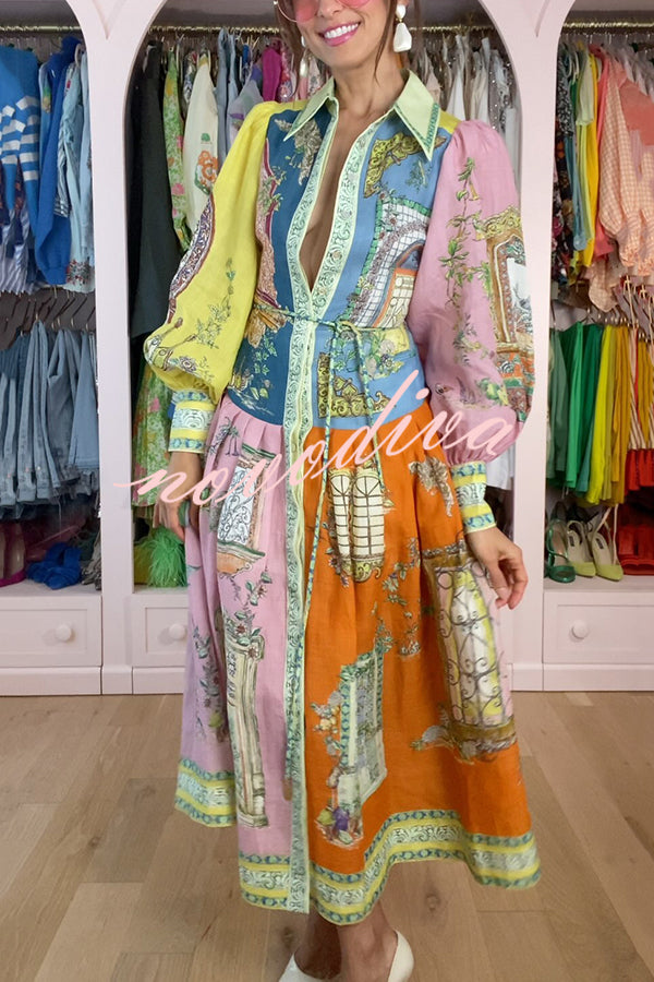 Unique Print Lapel Lantern Sleeve Single Breasted Tie Waist Midi Dress