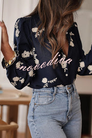 Floral Embroidery Long-Sleeved Button-Up Elegant Shirt