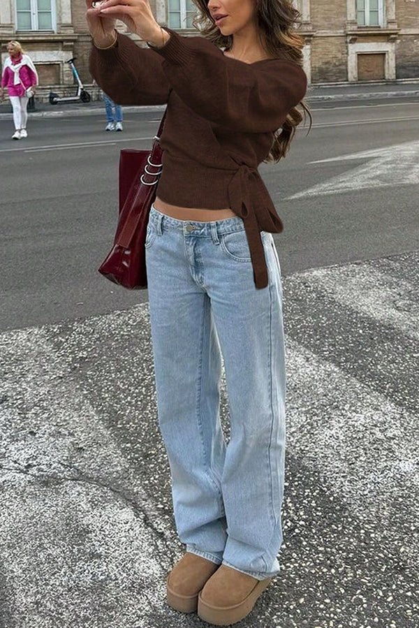 Solid Color Crossover V-neck Tie Elegant Long-sleeved Knit Top