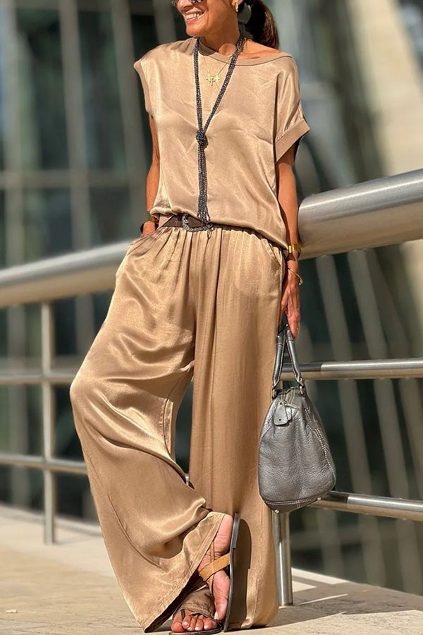 Satin Solid Color Loose Short-sleeved Top and Elastic Waist Lace-up Pocket Wide-leg Pants Set