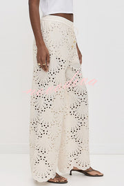 Lillah Embroidered Lace Shell Pattern Elastic Waist Wide Leg Pants