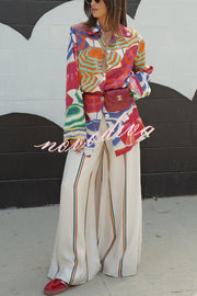 Ellah Satin Rainbow Stripe Print Drawstring Elastic Waist Pocket Wide Leg Pants