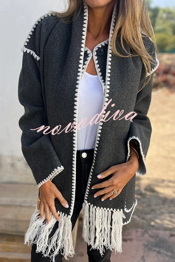 Stylish Loose Pocket Long Sleeve Coat and Warm Fringed Scarf