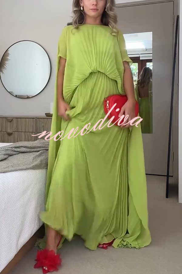 Spring Whispers Chiffon Pleated Wide Sleeve Volume Maxi Dress