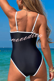 Fashionable Contrast-color Overlock Stretch One-piece Swimsuit