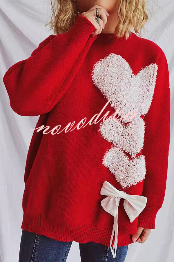 Love Jacquard Loose Cute Bowknitted Long Sleeve Sweater