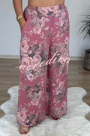 Linen Blend Crew Neck Long Sleeve Irregular Loose Top and Elastic Waist Floral Print Casual Pocket Set